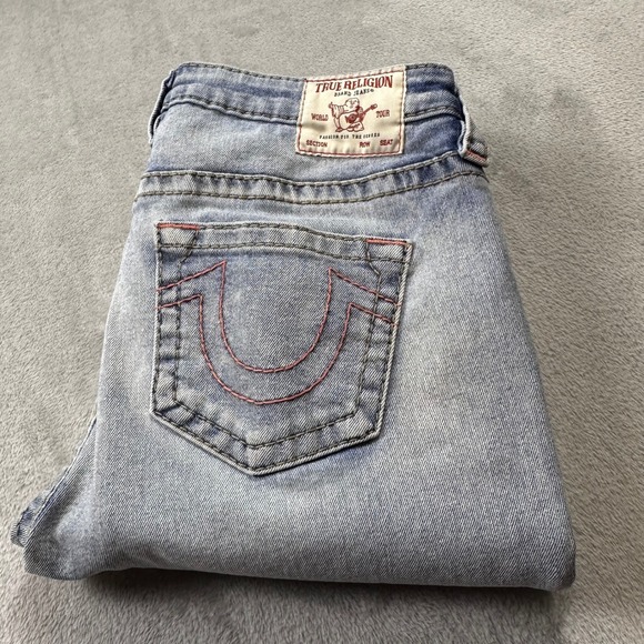 True Religion Stella Skinny Jeans Women 32 Light Wash Pink Stitching Y2K McBling - Picture 1 of 16